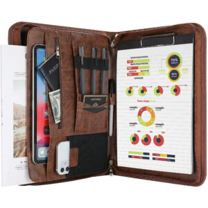 ProCase Portfolio Business Padfolio Folder with Zipper, Conference Meeting Executive File Legal Document Organizer with Pockets Letter Size A4 Writing Pad Notepad Padfolio for Father's Day Gift -Brown