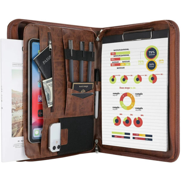 ProCase Portfolio Business Padfolio Folder with Zipper, Conference Meeting Executive File Legal Document Organizer with Pockets Letter Size A4 Writing Pad Notepad Padfolio for Father's Day Gift -Brown